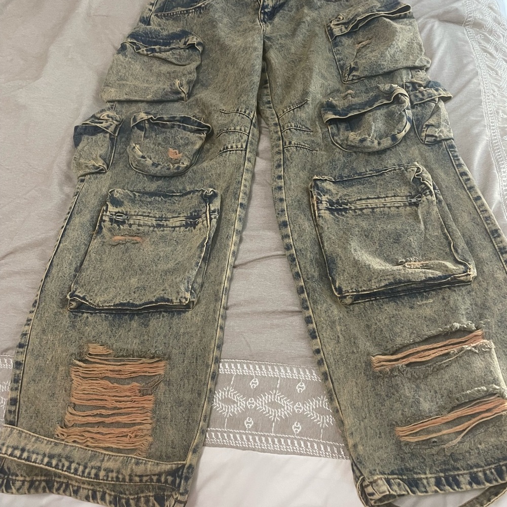 Fashion Nova Distressed Wide Leg Jeans - Black and Tan